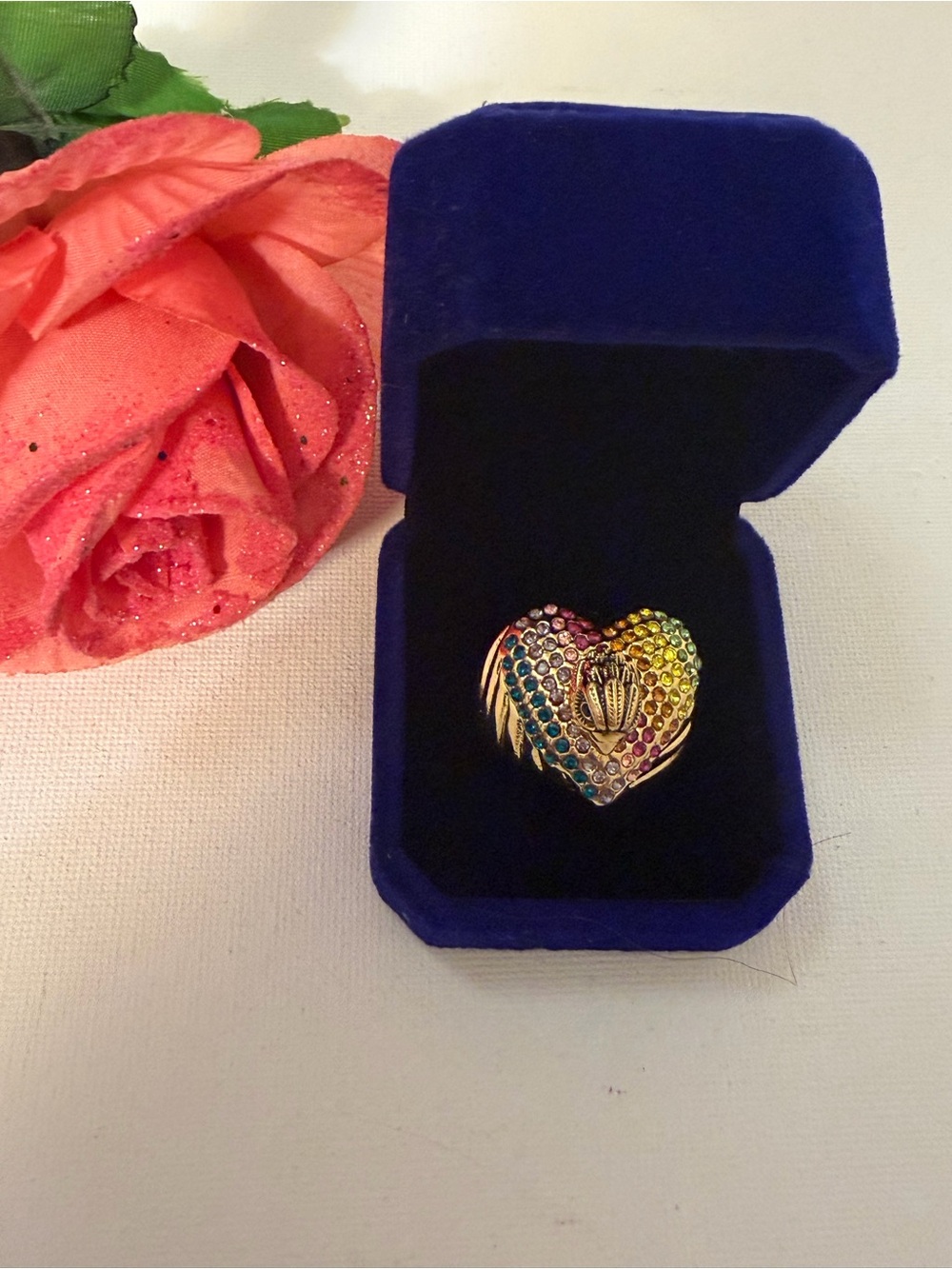 Kurt Geiger Gold Heart Ring with Rainbow Crystals. Sz 9. NEW